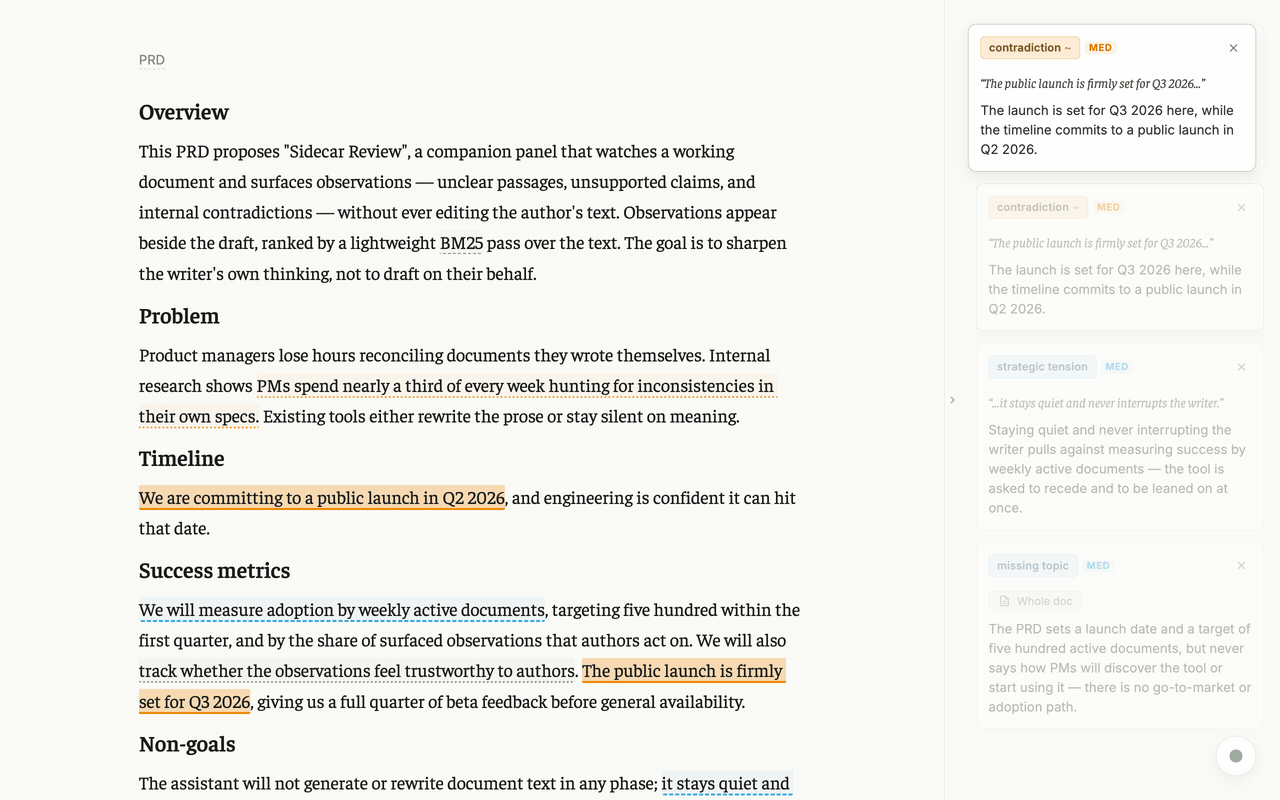 A draft document beside a column of observations. Two passages are
                      highlighted at once: one committing to a Q2 launch, one to Q3. The open
                      observation is labelled contradiction.
